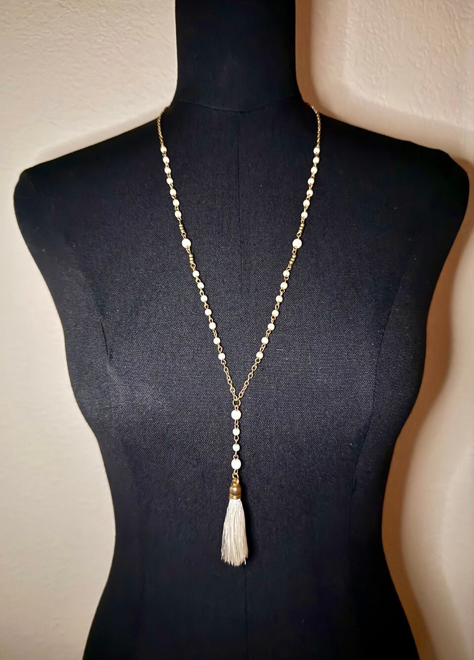 Boho Gold Beaded Rosary Y Necklace Ivory Tassel Drop Pendant NEW